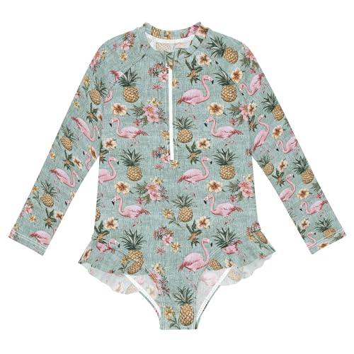 Pink Flamingo Pineapple Girls Long Sleeve Rashguard Swimsuit UV Protection One-Piece Swimwear Bathing Suit B0403857