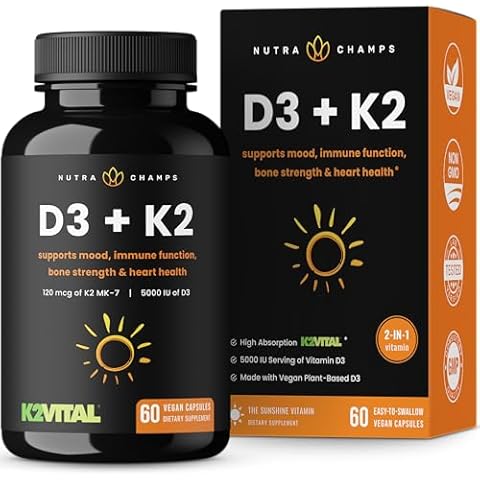 NutraChamps D3 with K2 MK7 Supplement for Heart & Bone Health | Vitamin D & K Complex | 5000 IU of Vitamin D 3 & 100 mcg of Vitamin K 2 MK-7 | 60 Vitamin K2 D3 Capsules Cover