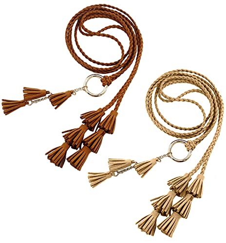 Women Girls PU Leather Waist Belt Chain Skinny Rope with Double Tassel for Dress Skirt
