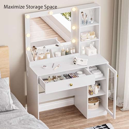 Image of BORNOON Small Vanity Desk with Mirror and Lights, Makeup Vanity Desk with Adjustable Brightness 3 Light Modes, RGB Storage Cabinet, Power Outlet, Drawer, Shelves, Vanity Table for Women Girls Bedroom