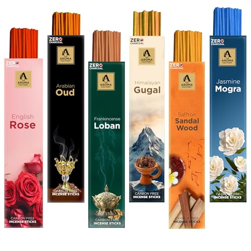 The Aroma Factory Agarbatti Combo - Chandan, Gugal, Loban, Mogra Incense Sticks, Charcoal Free & Low Smoke Agarbatti With Essential Oils & Natural Fragrance For Home, Offices (30Sticks X 4Packet)
