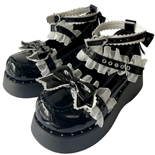 Women Y2K Kawaii Lolita Harajuku Goth Round Toe Chunky Heels White Lace Knot-Bow Decor Mary Jane Platform Shoes