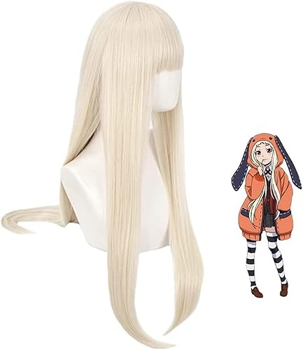 Miniatura 2 de Grubify Anime Cosplay Wig Kakegurui Wig Women Milk Gold Bangs Long Straight Hair for Yomozuki Runa Role Play Wigs + Wig Cap for Party Halloween