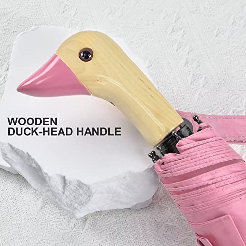 Leagera Compact Umbrellas For Rain&Sun, Travel Umbrella Cute Duck Head Handle Design For Girls Gifts, Steady 8 Ribs Folding Umbrella Lightweight And Small #TOP3