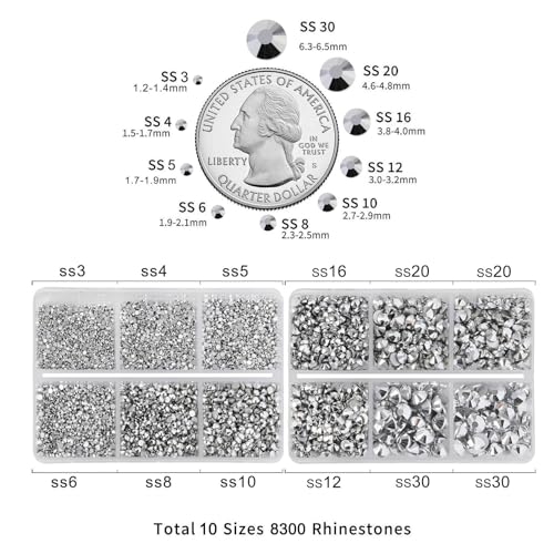 Image of Beadsland 8300PCS Flatback Rhinestones, Silver Rhinestone Nail Gems Round Crystal Rhinestones for Crafts, Mixed 10 Sizes with Wax Pencil and Tweezer Kit, SS3-SS30, Silver Hematite | Crystal Rhinestone Round, for Crafts Nails,With Wax Pencil and Tweezers Kit, SS3-SS30