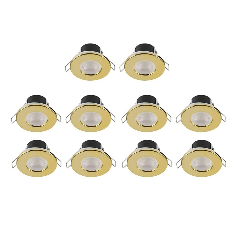 Valve Kings Brushed Brass LED Bathroom Kitchen Dimmable Spotlight Down Light IP65 Ceiling Waterproof 4 Bezel Finishes Fire Rated Bulb Energy Efficient A++ - Pack of 10