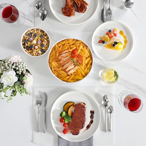 MALACASA Geschirrset 6 Personen - 24-tlg. Tafelservice mit Stehrand aus Porzellan inkl. 6x Essteller, Dessertteller, Suppenteller, Suppenschüssel, LEAH Modern in Weiß Schüssel- und Teller Set