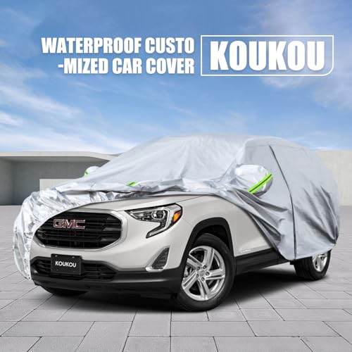 Image of Koukou 6 Layers Car Cover Custom Fit GMC Terrain from 2010 to 2025, Waterproof Car Cover All Weather for Automobiles Outdoor Indoor with Zipper Door, Sun Rain Dust Snow Protection.