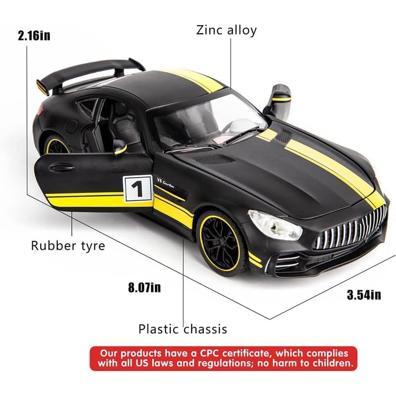 Image of Kids Model 1:24 Benz AMG GTR Die Cast Metal Car Pull Back Action Opening Doors with Realistic Engine Sound Lights Toy Car Gift for Boys - Yellow