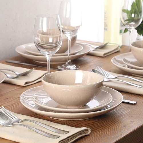 Image of Gibson Elite Castle Peak Plates and Bowls Set, 12-Piece Dinnerware Set, Taupe Reactive Glaze Stoneware Dishes, Dinner Plates, Salad Plates & Cereal Bowls