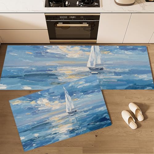 Set Tappeti Da Cucina Barche A Vela In Mare 2 Pezzi Antiscivolo Dipinti Ad Olio Impressionisti Tappetini Da Cucina E Tappeti Runner Set, Assorbente Tappetini Lavabili, 60x90cm+60x180cm, Blu E Bianco