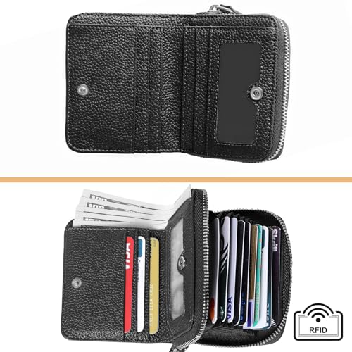 Image of Genuine Wallet Women RFID Blocking Card Holder, Small Leather Womens Wallet with Zipper ID Window Coin Pocket