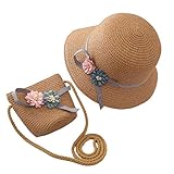acmede cappello da sole e mini borsa con decorativo fiori per ragazze, ragazza cappello di paglia estivo cappello da spiaggia per vacanze attività all'aperto, cappello con fiori (a-khaki, 49-52 cm)