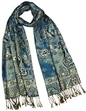 Rayon Metallic Paisley Flower Garden Two-Sided Reversible Scarf - Teal Blue