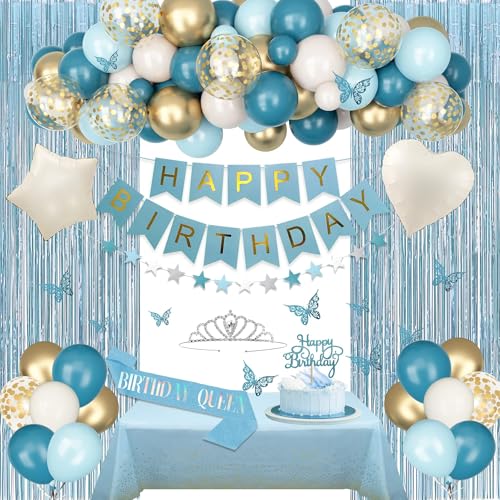 BlueCloudy Décoration d’anniversaire bleue pour femme, ballons aluminium bleu poussière blanc sable, nappe, écharpe, couronne, rideaux, bannière Joyeux...