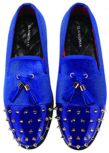 ELANROMAN Mens Dress Loafers Velvet Hip-hop Leather Tassels Party Slipper Slip-on Wedding Prom Blue Shoes US 8 EUR 41 Feet Lenght 280mm