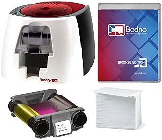 Badgy100 Color Plastic ID Card Printer with Complete Supplies Package with Bodno ID