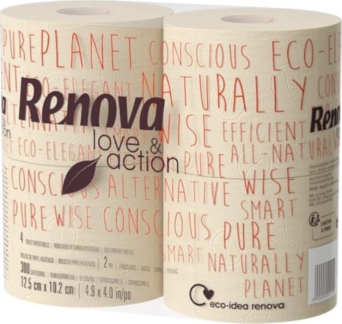 RENOVA Papel Higiénico Eco Love & Action, Doble Capa, 4 Rollos, Crudo