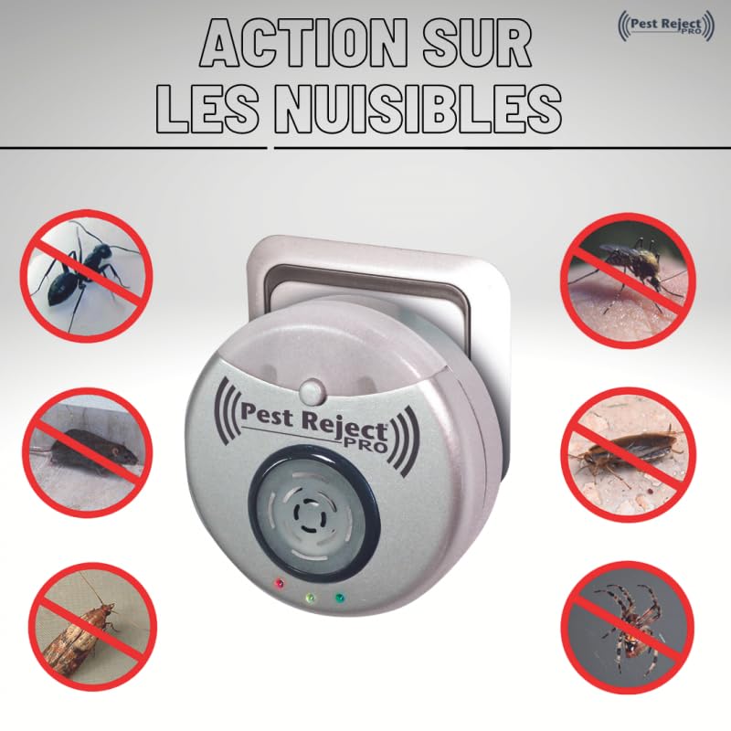 Pest Reject Pro - Lot de 2 - VENTEO - Répulsif nuisibles Repulse Power - Ultrasons et électromagnétisme - Couleur Gris - Couverture de Votre Maison de 200m² - Veilleuse intégrée