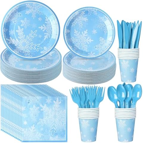 Winter Snowflake Paper Plates and Napkins Set, Light Blue Snowflake Winter Wonderland Decorations Christmas Disposable Plates for Winter Holiday New Year Birthday Party Supplies Decorations, Serve 50 Cover