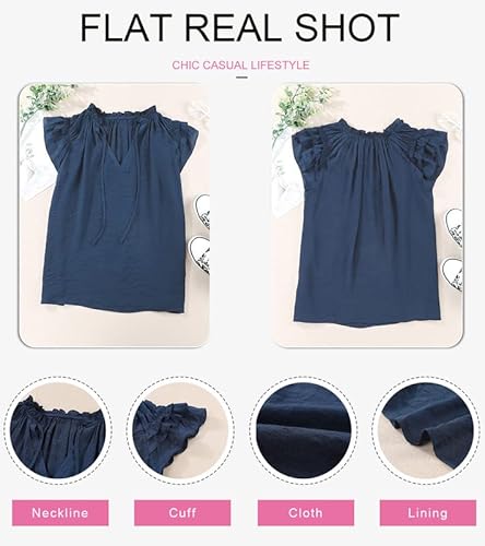 Dokotoo Womens Fashion 2023 V Neck Tie Top Boho Solid Color Dressy Short Sleeve Blouses Juniors Loose Flowy Ruffle Tee Shirts Large Deep Blue #TOP4