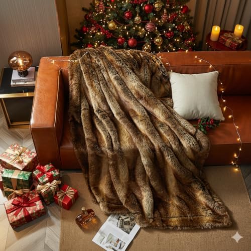 Luxurious brown faux fur throw blanket draped on a stylish grey sofa.