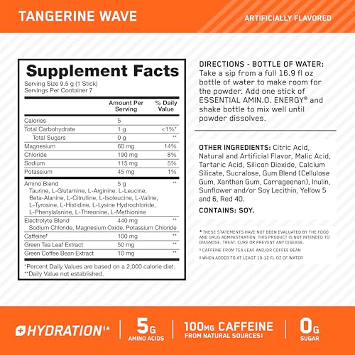 Image of Optimum Nutrition Essential Amino Energy Plus Electrolytes Stick Packs, Energy Powder, Tangerine Wave, 7 Count
