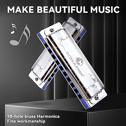Conjurer Blues Harmonica For Kids Adult Beginners 10 Hole Diatonic Harmonica In G Key Phosphor Bronze Sound Spring Mouth Organ Blues Harp With Case, Key Of G Stainless Steel Silver #TOP1