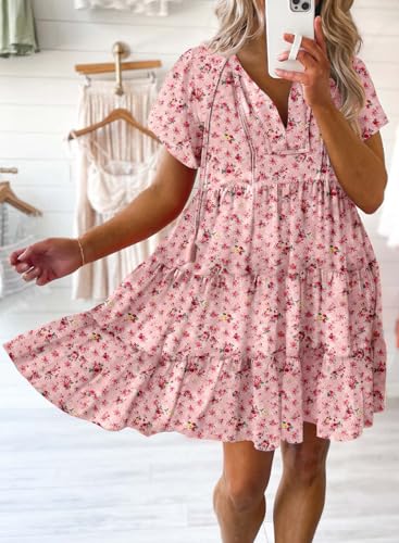 Image of Dokotoo Womens Summer Casual Boho Floral Dresses 2026 V Neck Short Sleeve Sundresses Flowy Swing A-Line Mini Dress