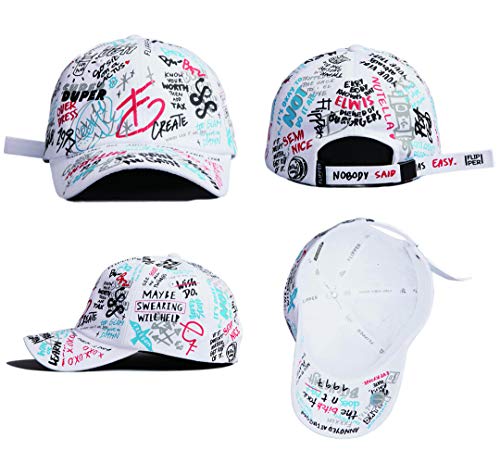 Flipper Designer Graffiti Doodle Cotton Baseball Cap For Men Women, Kpop Hat W/Curve Brim (White/Multi, Free Size) #TOP1