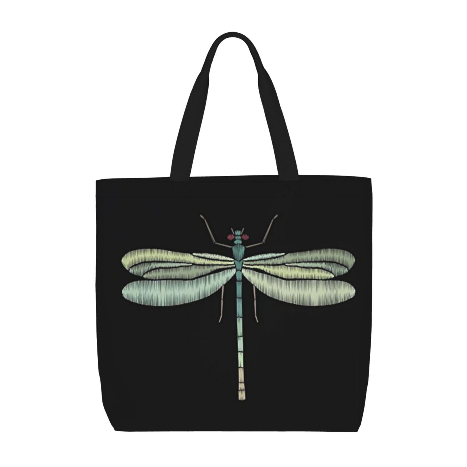 AABSTBFM Dragonfly Black Printed Zipper Tote Bags Shopping Bags - Reusable Shoulder Bag Grocery Bags Shopper Handbag Toy Bag For Work School Travel Beach