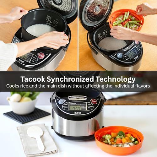 Image of TIGER JAX-T10U-K 5.5-Cup (Uncooked) Micom Rice Cooker and Warmer with Tacook Food Steamer Cooking Tray Technology and 10 Auto-Cook Settings, Stainless Steel Black