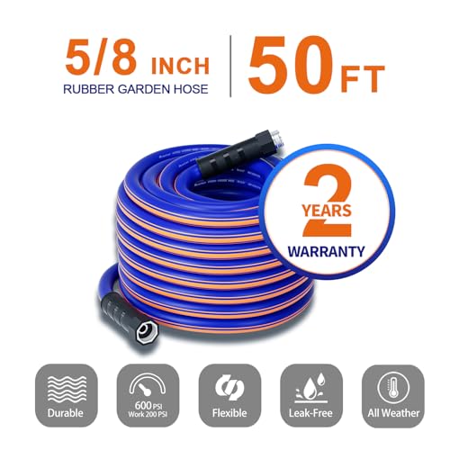 garden hose 50 ft x 5/8Inch, Hybrid Rubber 50 ft water hose, Durable, Anti-UV, Sturdy, No-Leakage, Lightweight, Flexible, Heavy Duty garden hoses with Swivel Handle