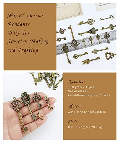 Jialeey Vintage Skeleton Key Charms, 23 Type Of 46Pcs Antique Bronze Key Charms For Necklace Pendant Diy Jewelry Making Supplies Wedding Favors #TOP1
