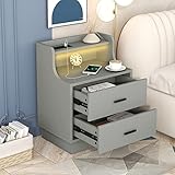 Gray Night Stand with Charging Station, LED Nightstand with USB, Charging Nightstand Table, Smart Be