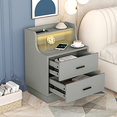 Gray Night Stand With Charging Station, Led Nightstand With Usb, Charging Nightstand Table, Smart Bedside Table,Nightstand With Drawers, Nightstand With Led Lights, Two Drawer Nightstand With Charge #TOP6