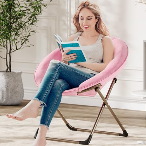 Comfy Saucer Chairs, Pink Folding Reading Lounge Chair, Cozy Faux Fur Living Room Chair with Soft Thick Padded Seat & Metal Frame, Modern Style Bedroom Home for Kids Adults, X-Large, Gold Legs
