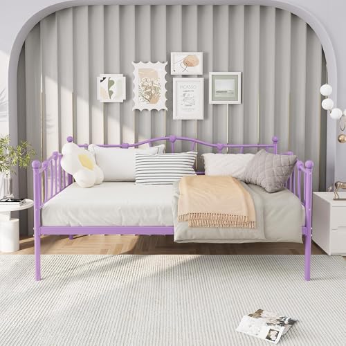 Image of GarveeHome Twin Size Daybed Frame, Sofa Bed with Stylish Headboard, Heavy Duty Steel Slat Support, Space Saving for Living Room /Bedroom /Guest Room, Purple