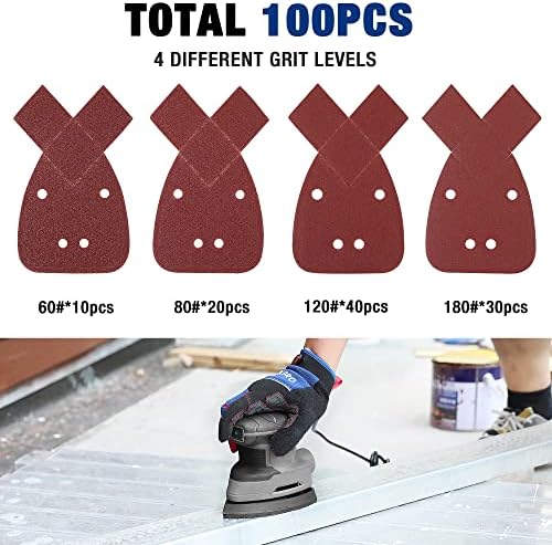 WORKPRO Mouse Sander Pads, 100 Pieces Detail Sanding Sheets with Extra 2 Tips for Replacement, Sandpaper Assorted 60 80 120 180 Grits to Fit Black and Decker Detail Palm Sander