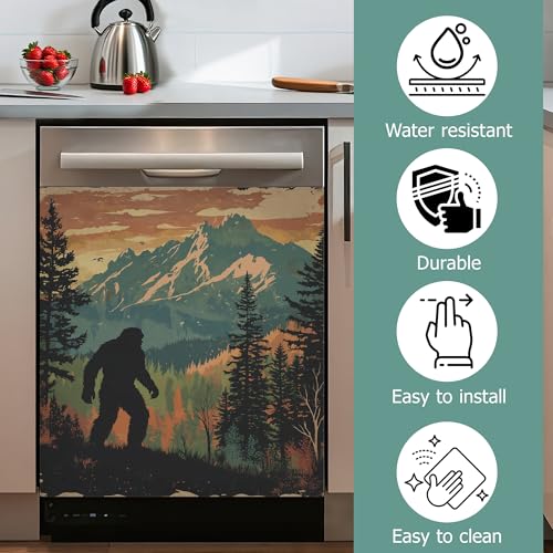 Image of Vintage Bigfoot Refrigerator Magnet Cover,Forest Mountain Washable Dishwasher Magnets Decorative Cover,Home Kitchen Decorative Dishwasher Front Panel Cover 23x26 Inch