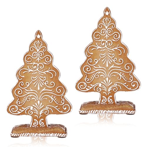 Geelin 2 Set Christmas Gingerbread Gift Resin Gingerbread Tree Figurines Christmas Table Decorations for Tabletop Centerpiece Home Mantel Collectible Gifts 7.09 x 3.94 x 2.36(Vintage Brown)