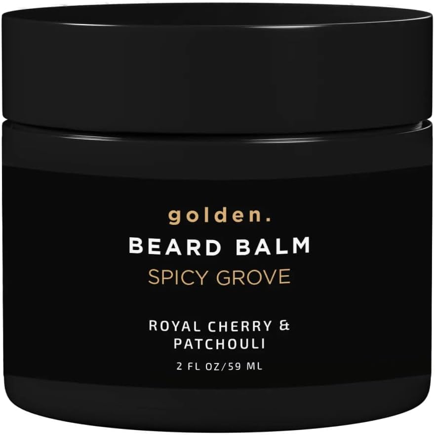 Golden Grooming Beard Balm - Tames Flyaways & Promotes Thicker Growth - Natural Styling Wax with Shea & Mango Butter - Relieves Beard Itch & Dandruff - Spicy Grove, 2oz