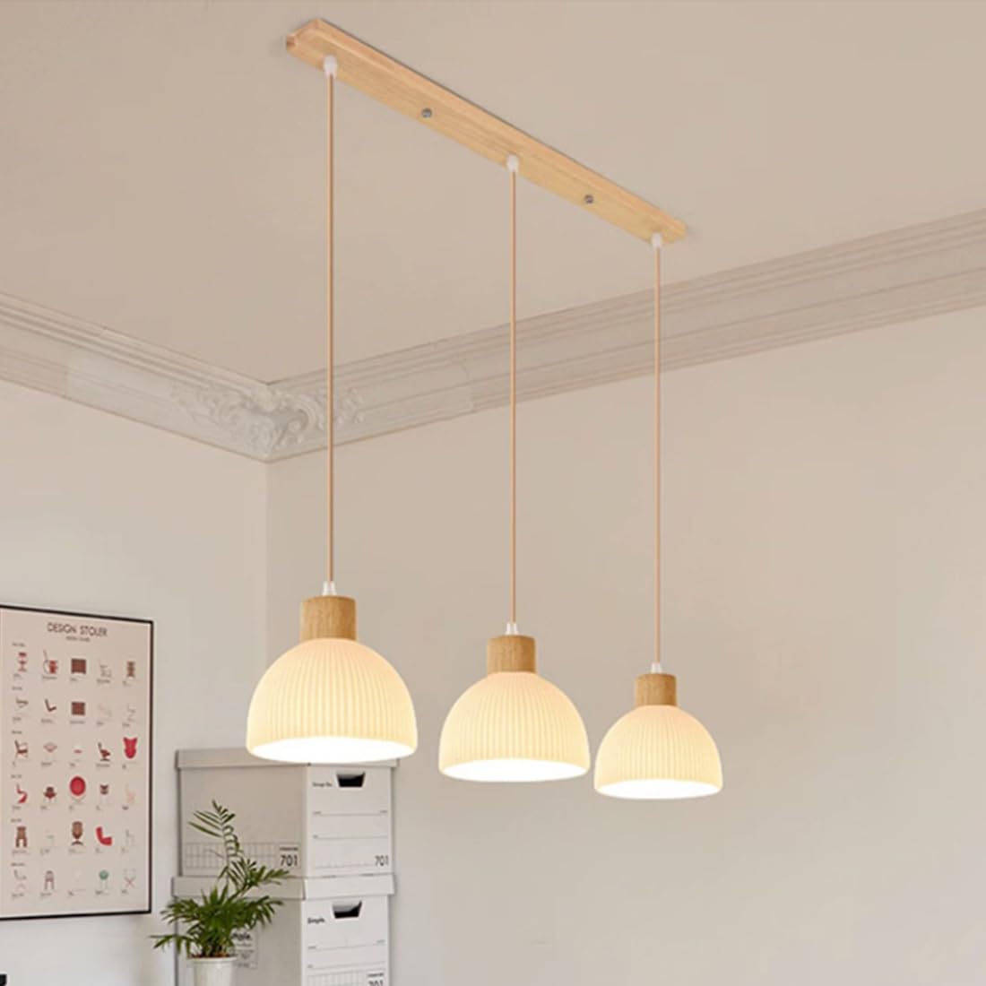LED Pendelleuchte Holz Vintage Esszimmerlampe Modern Weißes Glas Schirm D55