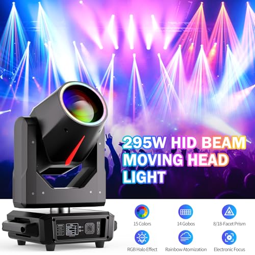 Image of 10 PCS Moving Head Beam Light 295W with Color Ring 15 Colors 14 Gobos 18+8 Facet Prisms /Wash /Beam /Frost /Rainbow Stage Effect 16 /22CH DMX512 Sound Activated for Concert Theater Club Christmas