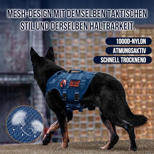 OneTigris Hundegeschirr Mittelgroße Hunde, AIRE MESH Taktisches Anti Zug Geschirr mit 2 Griff Verstellbar Brustgeschirr No Pull Dog Harness Atmungsaktiv Blau M