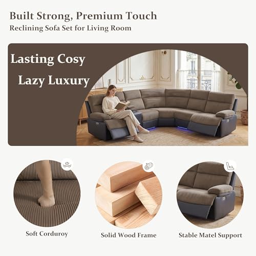 Image of Power Recliner Sectional Sofa, L-Shaped Living Room Furniture Set, Reclining Sectional Couch with Storage Console /Cup Holder for Living Room /House /Apt (Brown & Grey, 5 Seater)