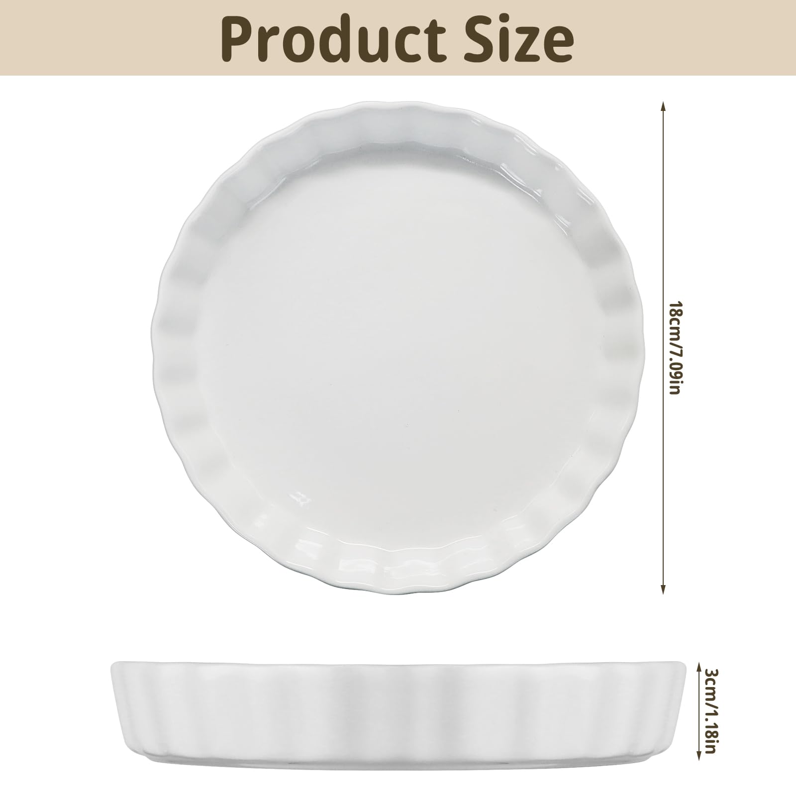 Piatto da forno in porcellana bianca, 18 cm, per quiche, pirofila in ceramica, per torte, quiche, pizza, pasta, pasticceria