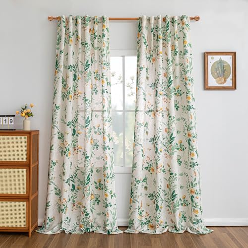Image of MYSKY HOME Linen Floral Curtains 95 Inches Long 2 Pcs Sage Green Semi Sheer | Light Filtering Privacy Protect Curtains for Bedroom Farmhouse Style Decorative Drapes Back Tab for Home, 50 inch Wide Each Panel