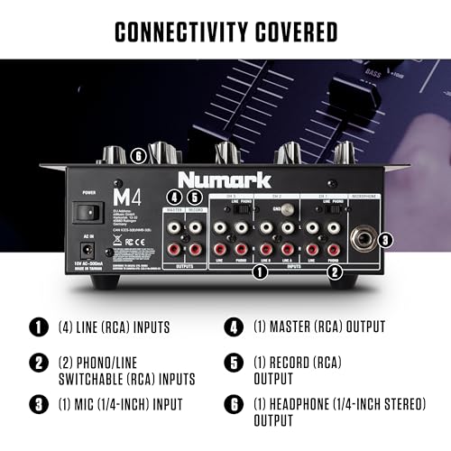 Image of Numark M4 |3-Channel Rack Mountable Scratch DJ Mixer, Combo Jack Connection, with 3-Band EQ, Club-Ready Inputs, Mic Input and Reverse /Slope Controls, Black