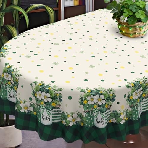 uwdfnwuif St. Patrick's Day Tablecloth Waterproof Irish Shamrock Table Cloths, Four Leaf Clover Table Cover for St Patricks Day Indoor Outdoor Decorations-60 * 120" Oval